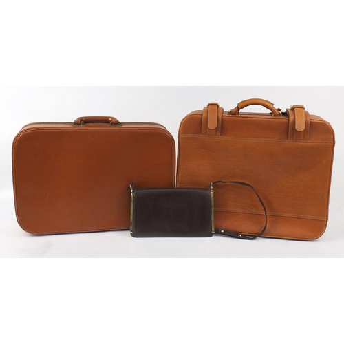 824 - Two vintage brown leather suitcases including Simpson and Mappin &  Webb handbag