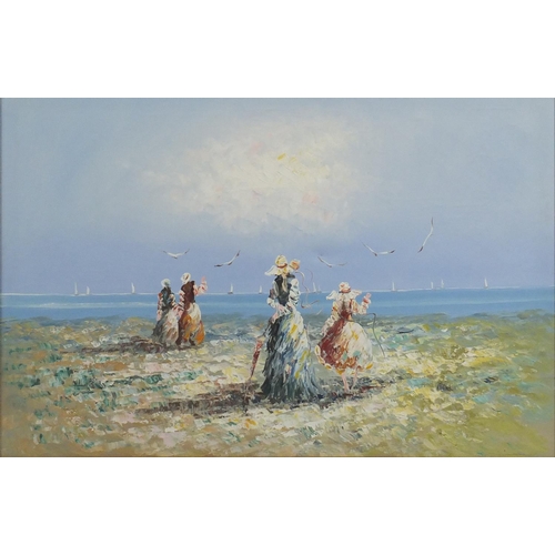 428 - Victorian figures at the seaside, oil on canvas, framed, 90cm x 59cm
