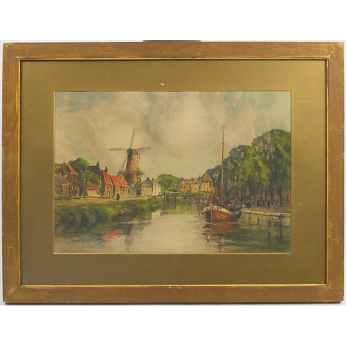 425 - Louis Burleigh Bruhl - View of a Dutch village with canal, windmill and sailing boat, coloured print... 