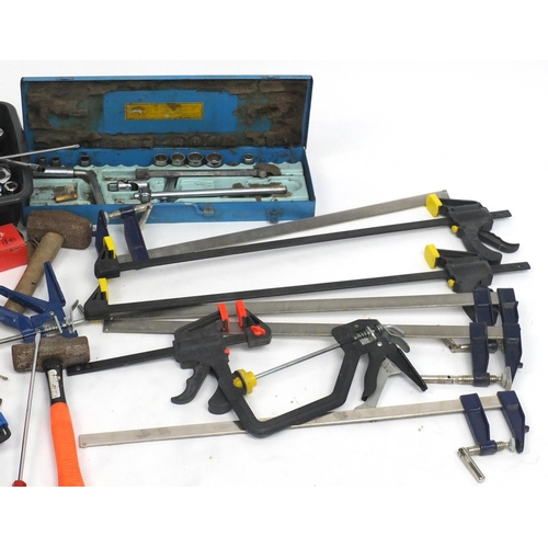 831 - Vintage and later tools including spanners, sockets, clamps and hammers
