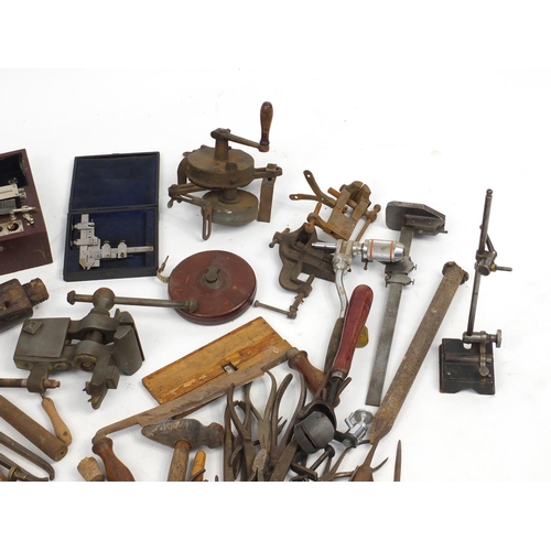 834 - Vintage wood working tools including hammers, pliers clamps and files