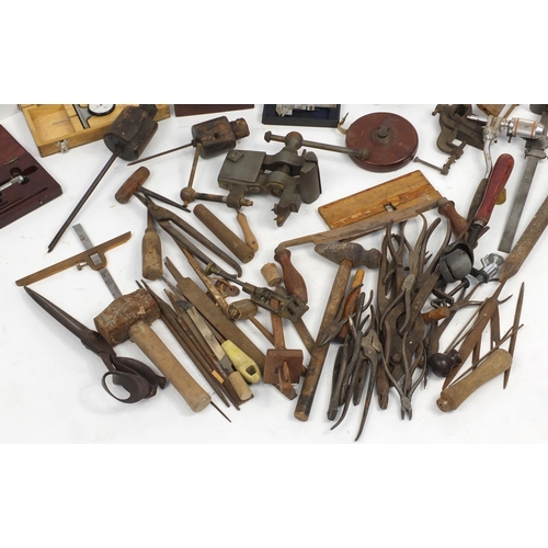 834 - Vintage wood working tools including hammers, pliers clamps and files