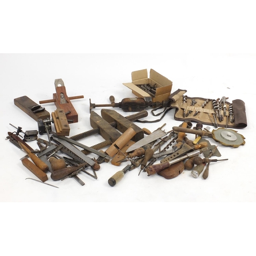 833 - Vintage wood working tools including drill bits, planes and hammers