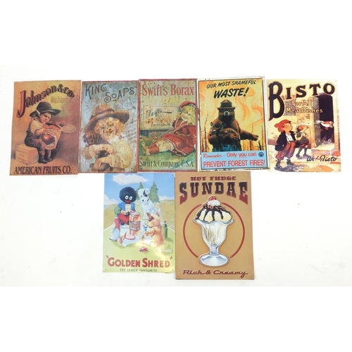 605 - Seven tin advertising signs including Golden Shred, Bisto and Swifts Borax, the largest 41cm x 30cm