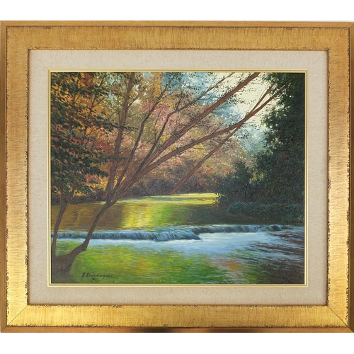 123 - Antonio Dominguez - Tree before river, oil on canvas, mounted and framed, 54.5cm x 45cm