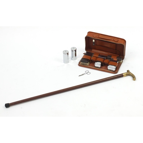 837 - Vintage gentleman's leather cased vanity set and a walking stick with drinking vessel