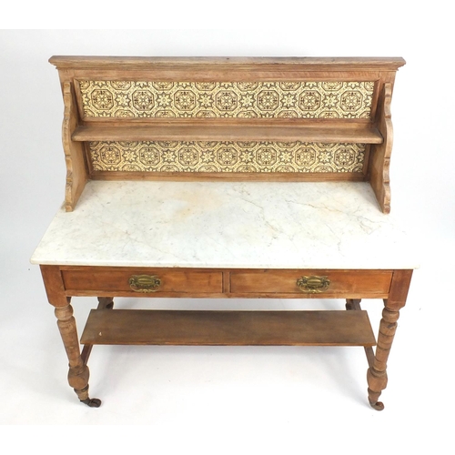 25 - Marble topped satin wood wash stand with tiled back, 134cm H x 122cm W x 55cm D