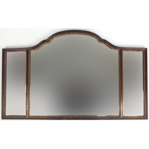 154 - Mahogany three panel over mantel mirror with gilded decoration, 100cm x 61cm
