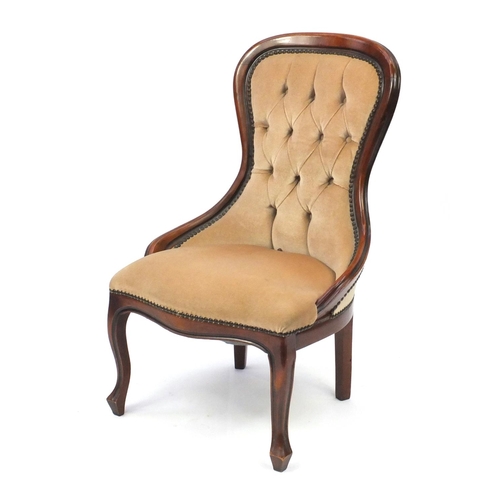 58 - Mahogany framed bedroom chair with beige button back upholstery, 90cm high