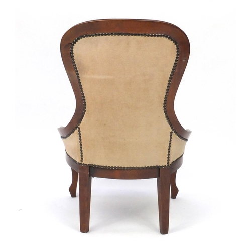 58 - Mahogany framed bedroom chair with beige button back upholstery, 90cm high