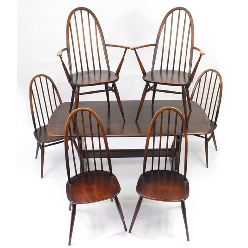 1 - Ercol dark elm dining table and six stick back chairs including two carvers, the table 72cm H x 152c... 