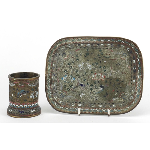543 - Oriental cloisonné tray and cylindrical pot, decorated with birds, insects and flowers, the tray 20c... 