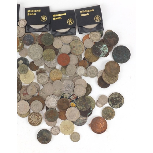 656 - Antique and later British and World coinage including 1914 two franc, an enamelled 1953 five shillin... 