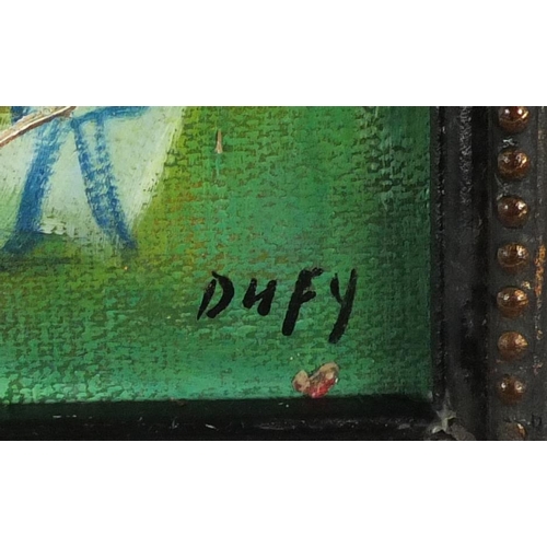 216 - After Raoul Dufy - St. Tropez harbour scene, oil on board, framed, 49.5cm x 39cm