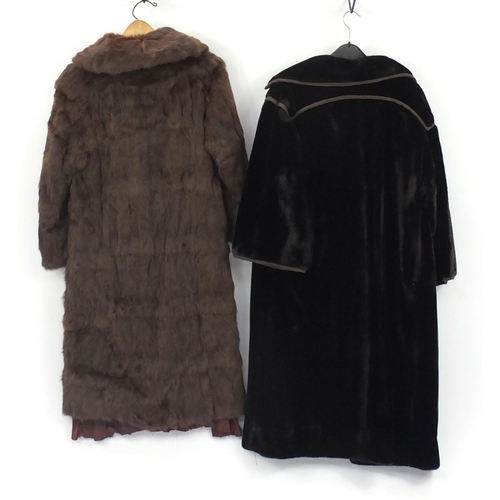 609 - Ladies brown fur full length coat and a simulated fur coat with Louis Feraud label