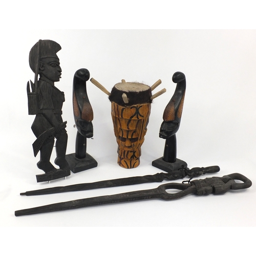 818 - African carved wood items including a pair of busts and drum