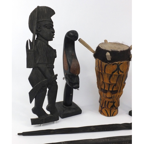 818 - African carved wood items including a pair of busts and drum