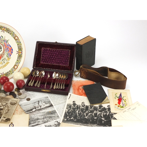 602 - Miscellaneous items including Victorian silver plated teaspoons, billiard balls, postcards and coins