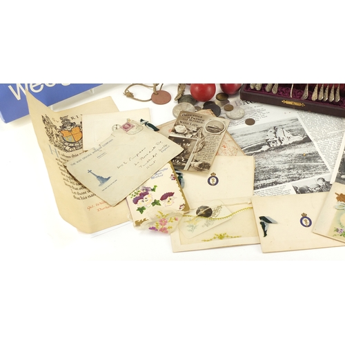 602 - Miscellaneous items including Victorian silver plated teaspoons, billiard balls, postcards and coins