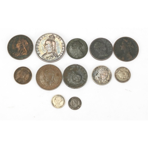 663 - George III and later antique coins including 1816 shilling and 1887 double florin