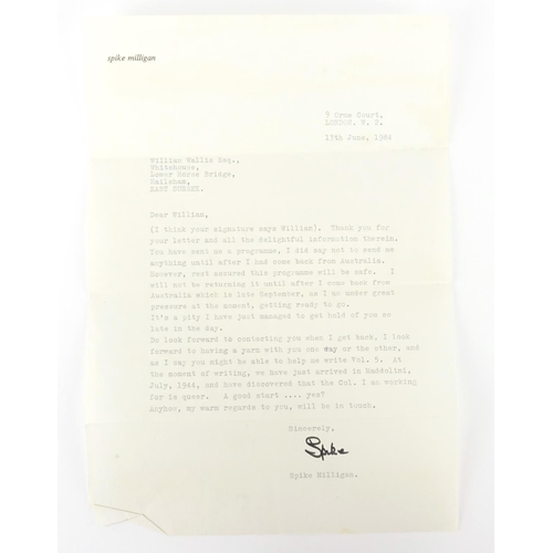 868 - Spike Milligan ephemra including a hand written letter detailing a loan and a signed printed letter