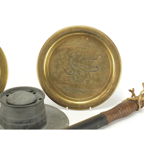 424A - Miscellaneous items comprising a turned wood truncheon, Capstan inkwell and two Cairo Ware brass pla... 
