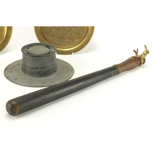 424A - Miscellaneous items comprising a turned wood truncheon, Capstan inkwell and two Cairo Ware brass pla... 