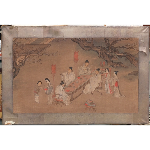 595 - Chinese watercolour on paper depicting figures around a table, label verso, mounted and framed, 41.5... 