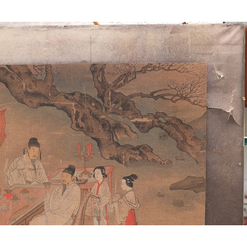 595 - Chinese watercolour on paper depicting figures around a table, label verso, mounted and framed, 41.5... 