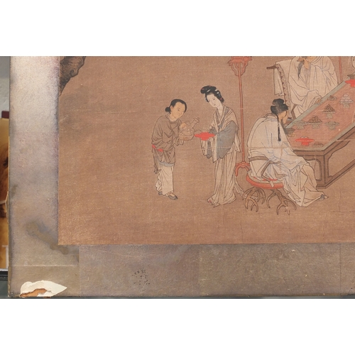 595 - Chinese watercolour on paper depicting figures around a table, label verso, mounted and framed, 41.5... 