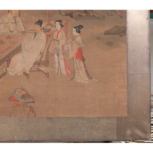 595 - Chinese watercolour on paper depicting figures around a table, label verso, mounted and framed, 41.5... 