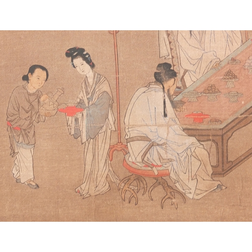 595 - Chinese watercolour on paper depicting figures around a table, label verso, mounted and framed, 41.5... 