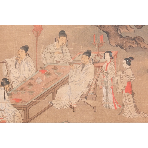 595 - Chinese watercolour on paper depicting figures around a table, label verso, mounted and framed, 41.5... 