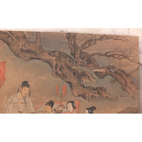 595 - Chinese watercolour on paper depicting figures around a table, label verso, mounted and framed, 41.5... 