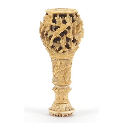 431 - Good Chinese carved Canton ivory desk seal, the reticulated handle finely carved with a phoenix amon... 