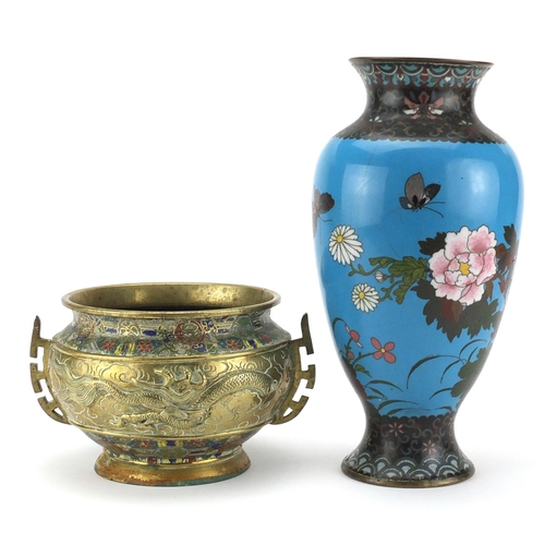 510 - Japanese cloisonné vase and a champlevé enamelled jardinière with twin handles, the vase enamelled w... 