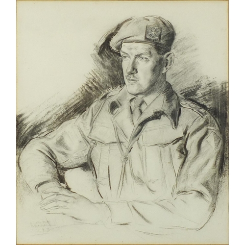 112 - Portrait of Major Ronald Edwin Moore OBE of The Sherwood Foresters, World War II black chalk, bearin... 