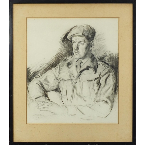 112 - Portrait of Major Ronald Edwin Moore OBE of The Sherwood Foresters, World War II black chalk, bearin... 