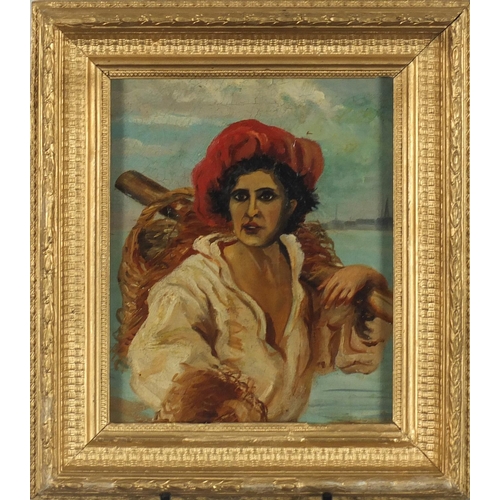 153 - Maltese fisherman carrying a basket, 19th century oil on canvas, framed, 29cm x 24cm