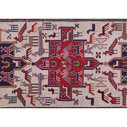 17 - Turkish Kilim rug, decorated with birds, horses and camels, 200cm x 108cm