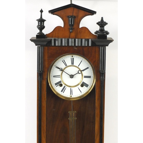23 - Vienna walnut and ebonised regulator wall clock with enamelled dial and Roman numerals, 85cm high