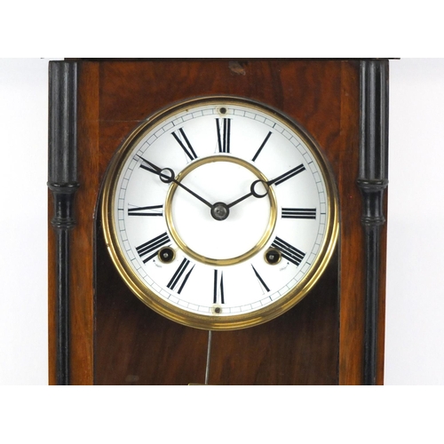 23 - Vienna walnut and ebonised regulator wall clock with enamelled dial and Roman numerals, 85cm high