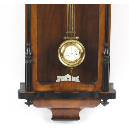 23 - Vienna walnut and ebonised regulator wall clock with enamelled dial and Roman numerals, 85cm high