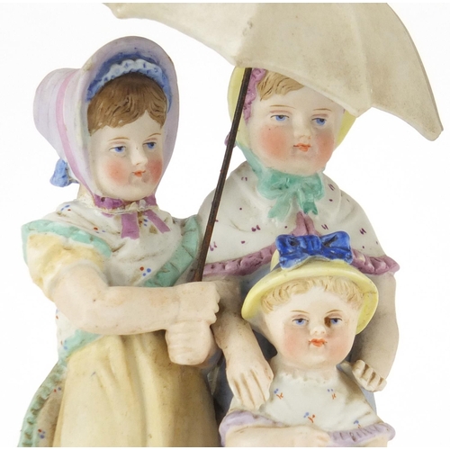 471 - Pair of 19th century continental bisque figures, each of three children under a parasol, blue anchor... 