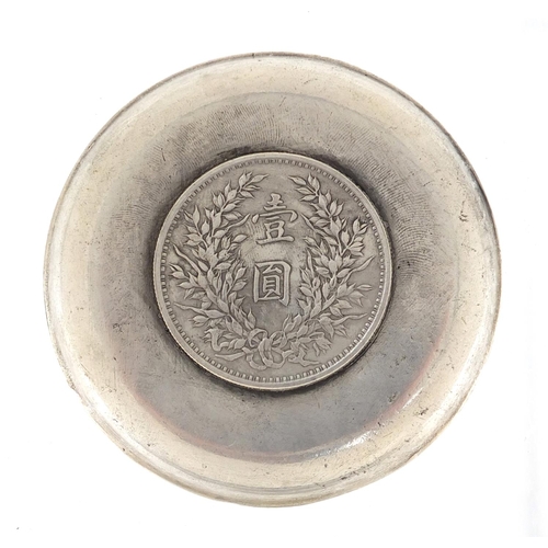 403 - Chinese silver coloured metal fatman design dish, 8cm in diameter, approximate weight 81.0g