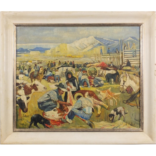 2117 - Figures on a ranch, American school oil on board, bearing a signature L N Black and inscriptions ver... 