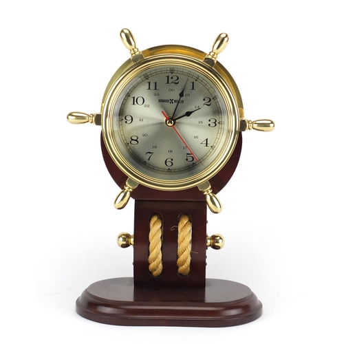 2137 - Howard Miller ships design brass and mahogany mantel clock, with Arabic numerals, 31cm high