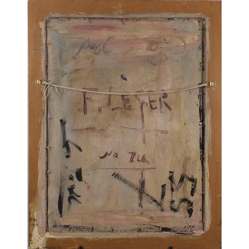 2303 - Abstract composition, geometric shapes, oil on board, bearing a monogram FL and inscriptions verso, ... 