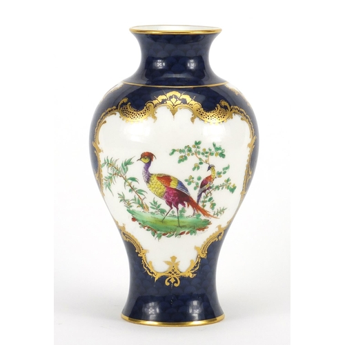 2136 - Royal Worcester blue scale baluster vase, hand painted with exotic birds by Charles Creese, factory ... 