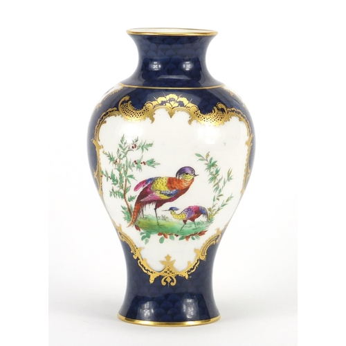 2136 - Royal Worcester blue scale baluster vase, hand painted with exotic birds by Charles Creese, factory ... 
